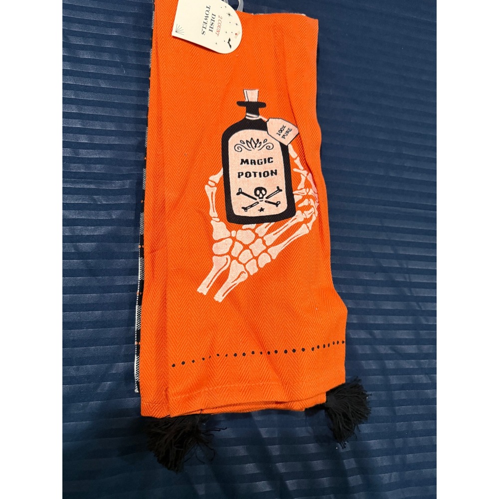Halloween Dish Towel Set 2 Count Magic Potion Skeleton Orange Plaid Tassels